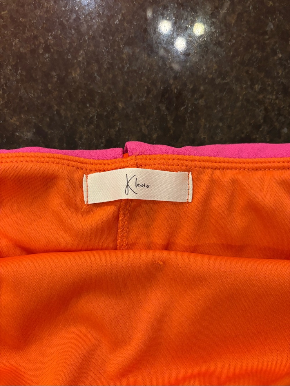 Strapless Orange Mini Dress with Pink Foldover Neckline by boutique brand Klesis - Picture 3 of 7